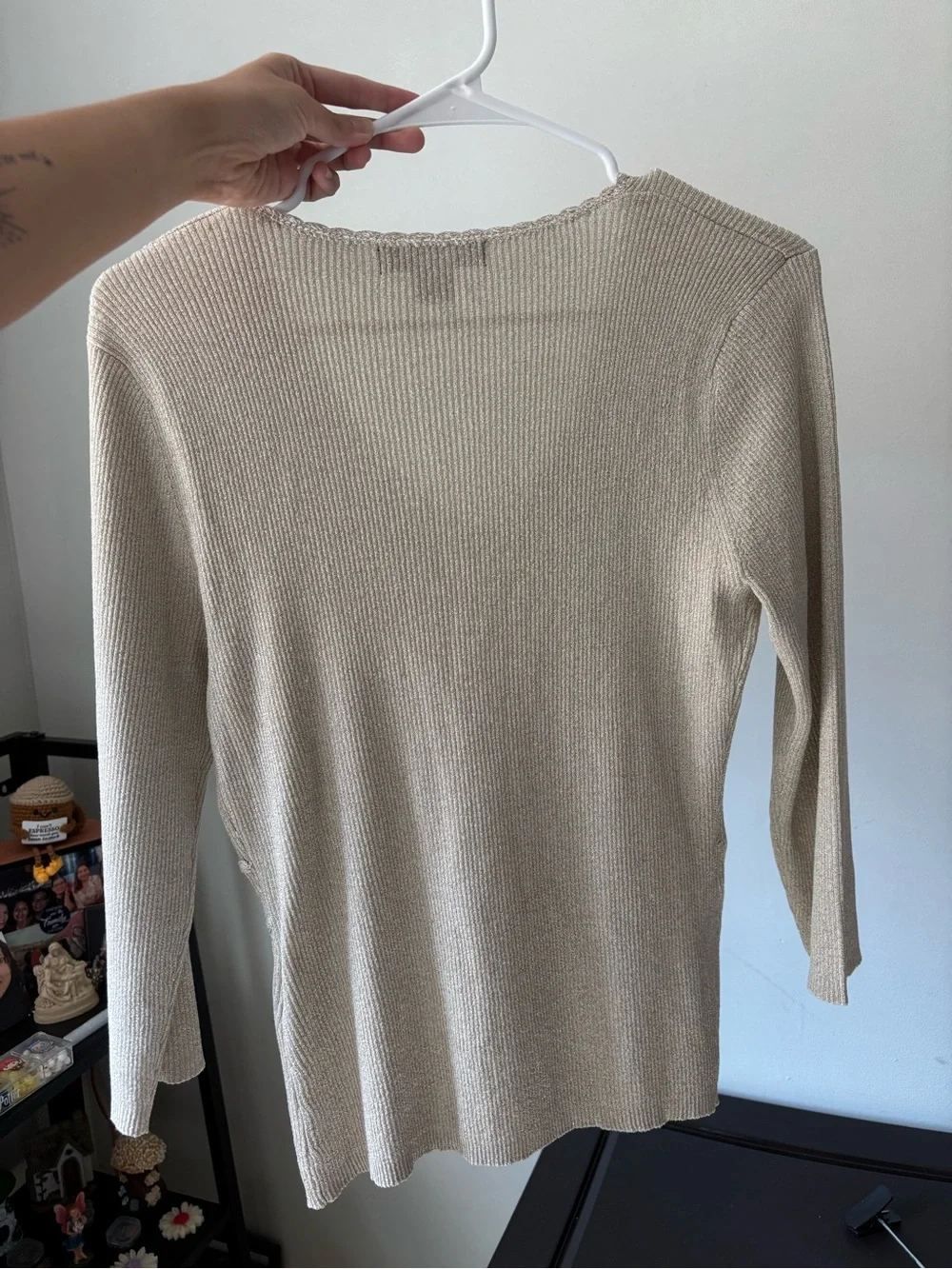 Y2K Fairycore Silk Cream Ribbed Knit Wrap Top Lace Cottage Blouse Small - Medium